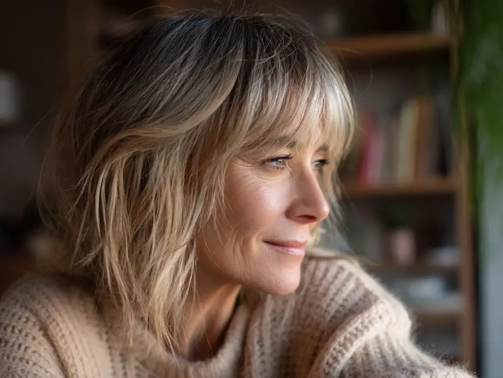 coupe cheveux mi-long effilé dégradé avec frange