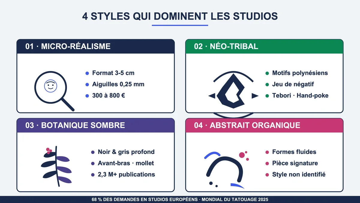 Quatre illustrations représentant différents styles de tatouage : micro-réalisme, néo-tribal, botanique sombre et abs...