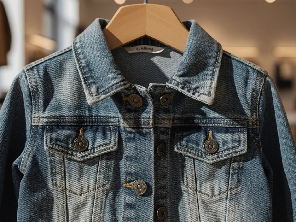 Détails d'une veste en jean pour enfants, boutons et couture dans une boutique bien éclairée