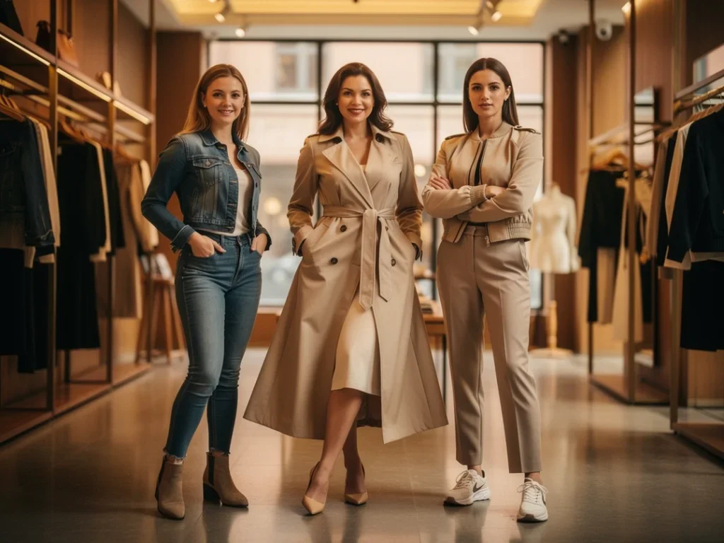 Femme essayant différents styles de vestes dans une boutique de mode lumineuse et accueillante
