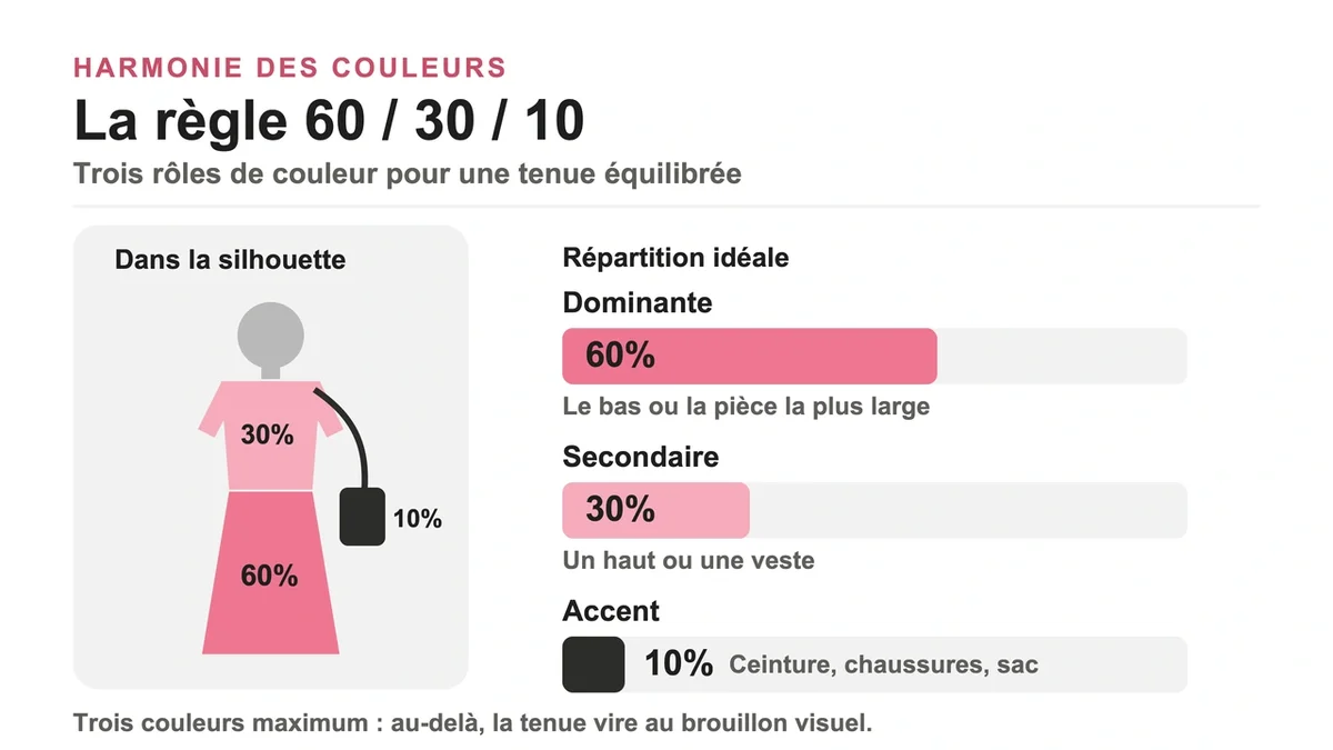 Silhouette montrant une tenue équilibrée avec trois couleurs représentant l'harmonie visuelle
