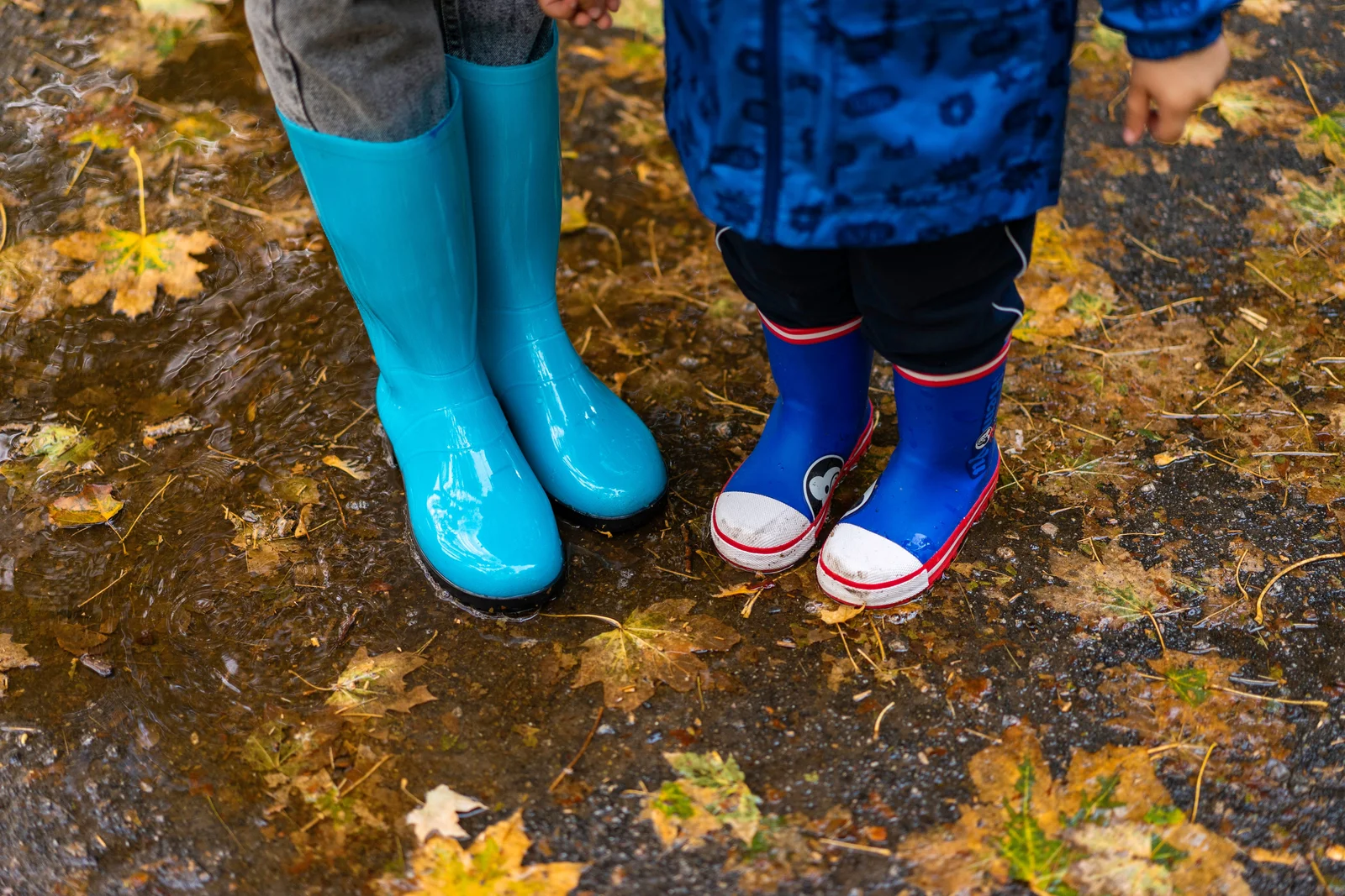 Deux paires de bottes de pluie d'enfant dans les feuilles mortes