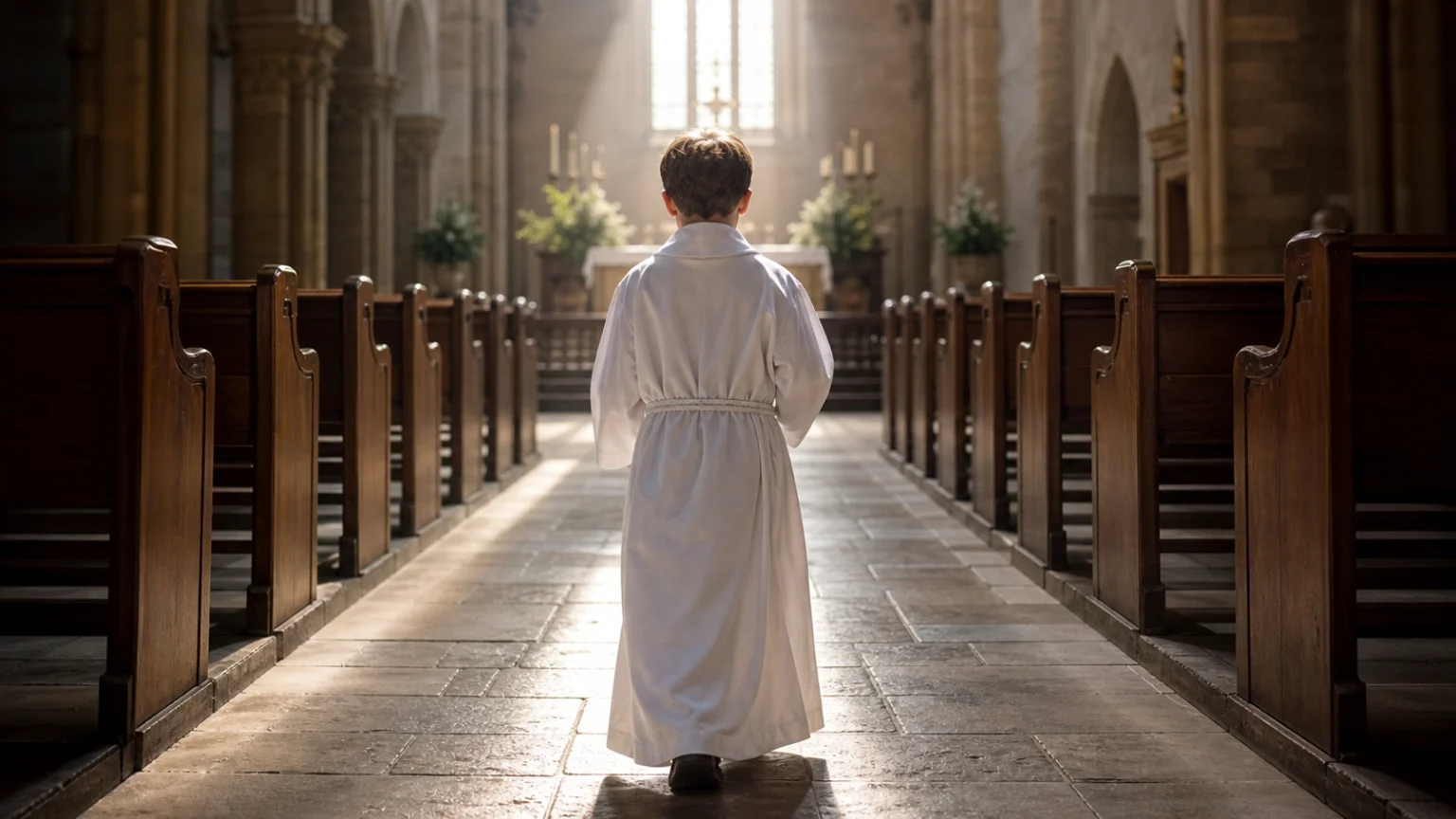 Enfant de dos en aube blanche de communion remontant l'allée d'une église
