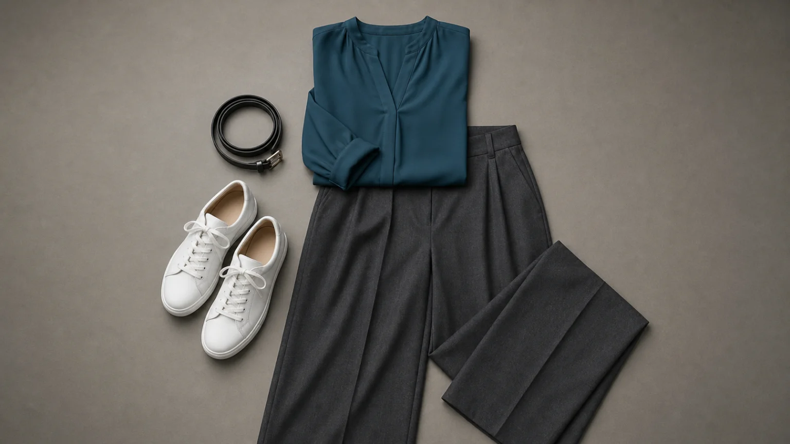 Tenue à plat : chemise bleu-vert profond, pantalon gris anthracite et baskets blanches