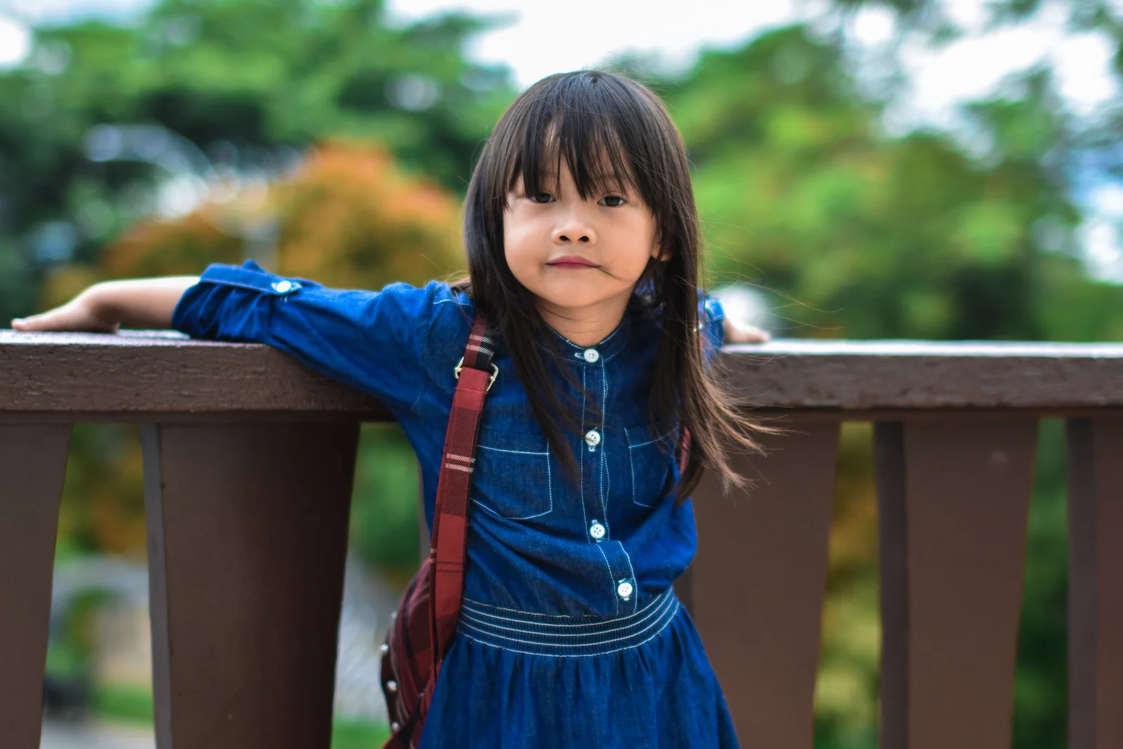 Petite fille en robe bleue avec son cartable, appuyée à une barrière devant l'école