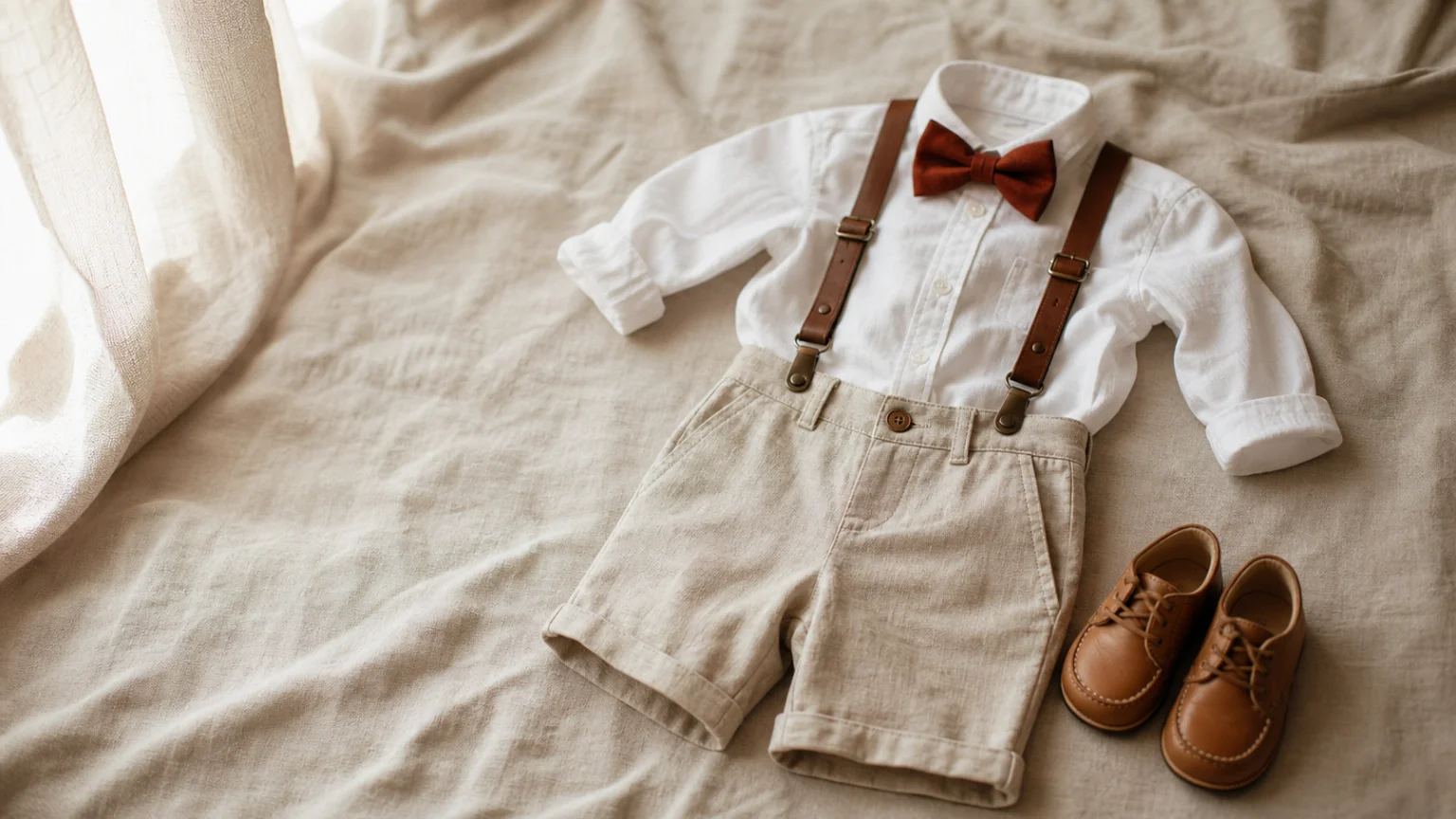 Tenue de mariage pour un garçon posée à plat : bermuda en lin beige, chemise blanche, bretelles et nœud papillon