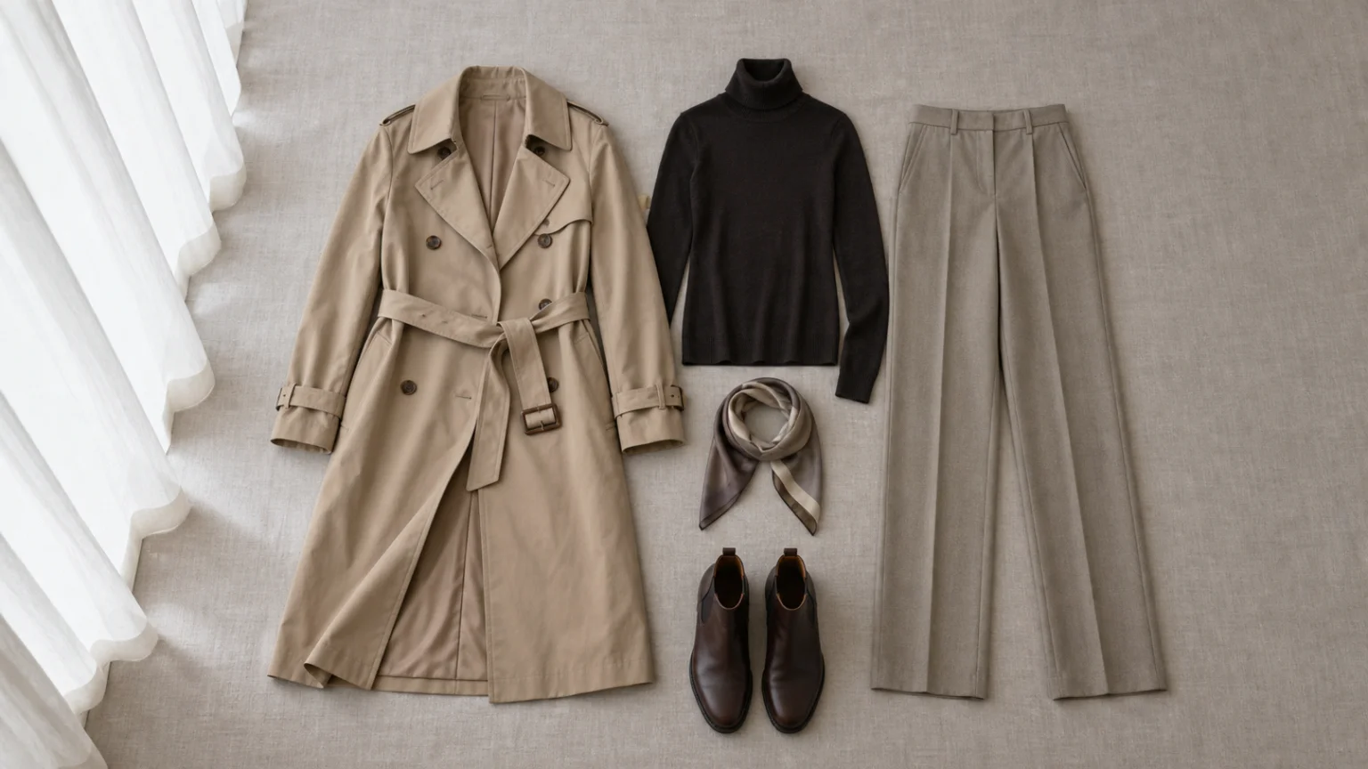 Trench, col roulé fin, pantalon droit, foulard et bottines plates disposés à plat vus du dessus
