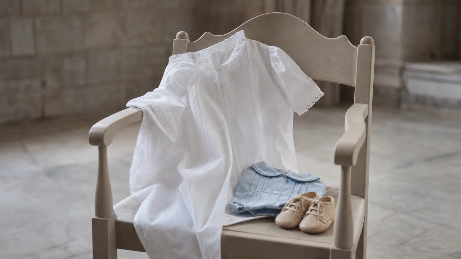 Vêtement blanc de baptême posé sur une chaise d'église à côté de la tenue portée en dessous